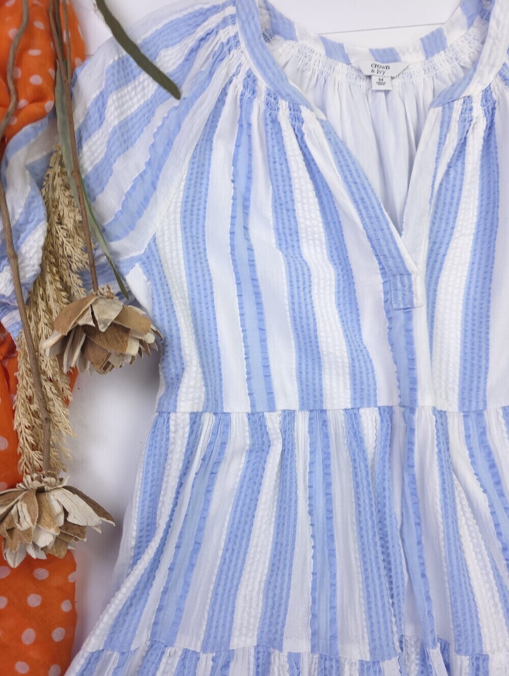 New Crown & Ivy Blue and White Striped Tiered Dress Sz M - Picture 4 of 12